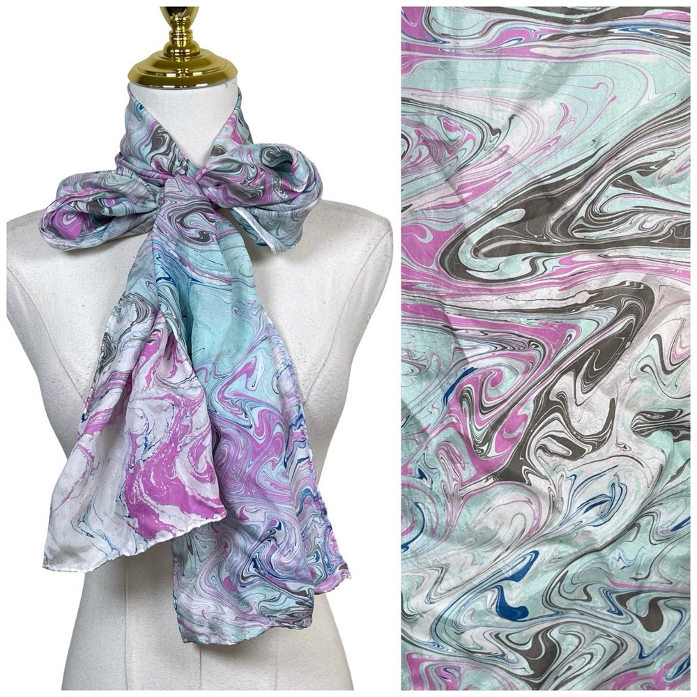 100% Silk Marbled Watercolor Print Scarf Pink Blue Green‎ Abstract Swirl Artsy